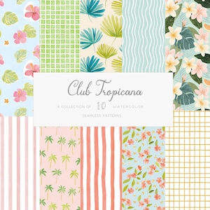 May include: A selection of 10 watercolour seamless patterns. The patterns showcase tropical floral and foliage designs in various colours, including pink, green, and blue. The text "Club Tropicana" is displayed on a white rectangle.