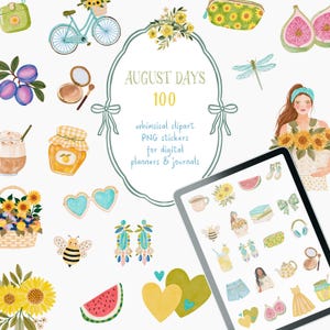 Digitala klistermärken för augusti, sommarclipart, månatliga planerare och journaler, PNG-filer, notabilitet, Goodnotes-klistermärken, årets månader