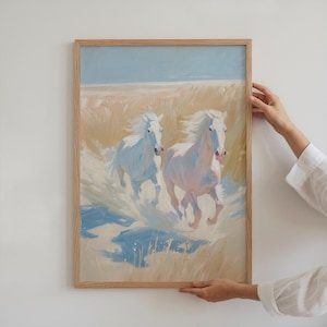 White Horses Wall Art Printable Painting Pastel Art Living Room Apartment Decor Neutral Boho Nature Landscape Poster Equestrian Lovers