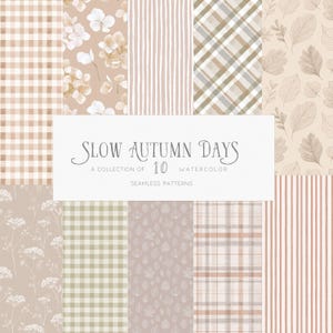 Papel digital para álbum de recortes con estampados otoñales en acuarela, estilo preppy vintage, tonos neutros suaves, hojas de otoño, botánica y color beige. Descarga digital.