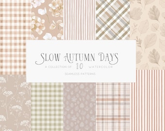 Watercolor Fall Patterns Preppy Vintage Soft Neutral Autumn Leaves Botanical Digital Beige Scrapbook Paper Junk Journal Digital Download