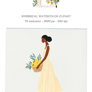 May include: Watercolor clipart featuring a woman in a yellow dress carrying a basket of lemons. The image includes a lemon-filled archway and the text "WHIMSICAL WATERCOLOR CLIPART 70 elements - 3000 px - 300 dpi."