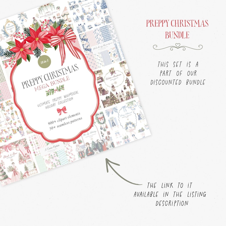 Op de afbeelding: Een digitale grafische collectie getiteld Preppy Christmas Mega Bundle met rode kerststerren, een gestreepte strik en diverse vakantie-illustraties. De tekst luidt Preppy Christmas Mega Bundle, 18 in 1, 900+ clipart elements, 50+ seamless patterns.