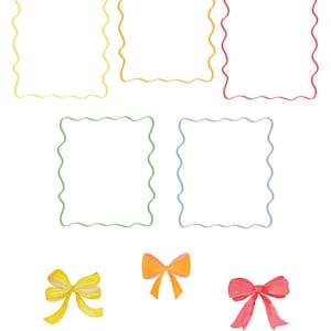 May include: Watercolor clipart featuring six wavy-edged frames in yellow, orange, and pink, green, and blue. Below are six bows in yellow, orange, red, green, and blue. The text "THE FRUIT EDIT" and "WATERCOLOR CLIPART" is at the top.