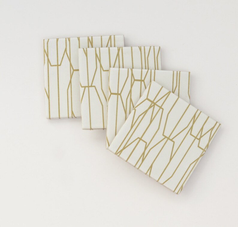 Gold Lines on White Minimal Simple Geometric Repurposed Tiles Ceramic Coasters image 4