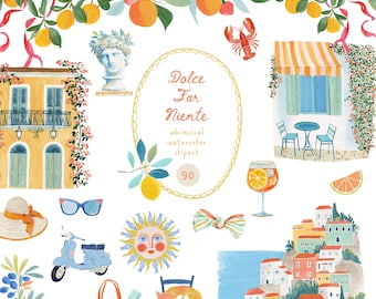 Dolce Vita Clipart, Watercolor Doodles Preppy Italian Summer PNG Graphic Design Elements (Commercial Use)