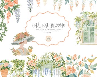 Vintage Franse tuin clipart, Chateau pastel bloemen, commercieel gebruik, png