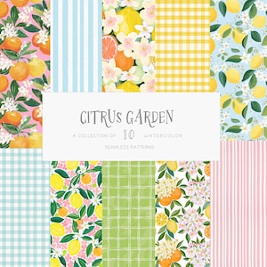 Op de afbeelding: Een collectie van tien naadloze aquarelpatronen getiteld Citrus Garden, met diverse ontwerpen waaronder citroenen, sinaasappels, witte bloesems, groene bladeren, lichtblauwe strepen, gele vichy-ruitjes en roze verticale strepen op diverse achtergronden.