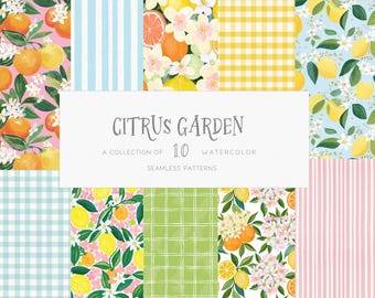 Lemon Orange Seamless Patterns, Watercolor Italian Mediterranean Summer Citrus Fruit Floral Digital Paper, Wedding Dolce Vita Backgrounds