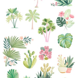 Pu&ograve; includere: Clipart ad acquerello con varie piante tropicali, tra cui palme, cactus e fiori di ibisco. L'immagine presenta il testo "Palm Springs" e "Whimsical Watercolor Clipart". Le illustrazioni sono in tonalit&agrave; di verde, rosa e bianco.