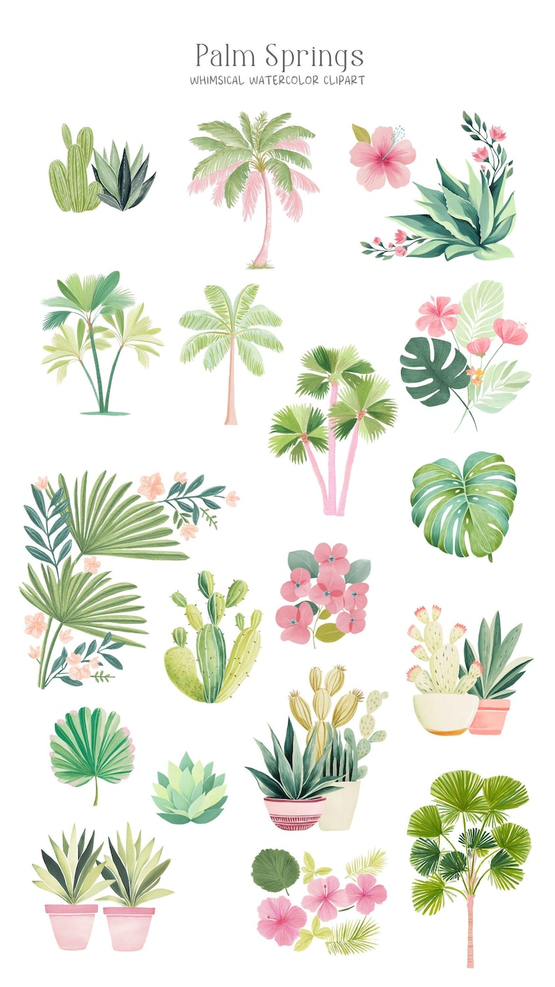 Pu&ograve; includere: Clipart ad acquerello con varie piante tropicali, tra cui palme, cactus e fiori di ibisco. L'immagine presenta il testo "Palm Springs" e "Whimsical Watercolor Clipart". Le illustrazioni sono in tonalit&agrave; di verde, rosa e bianco.