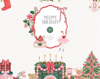Preppy Christmas Clipart, Watercolor Whimsical Coquette PNG, Festive Holidays Red Green Graphics, Commercial License, Digital Download