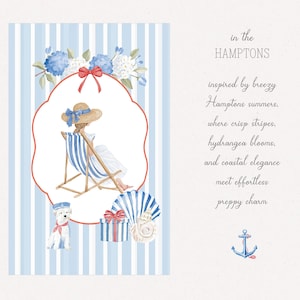 Puede incluir: Ilustraci&oacute;n en acuarela con tem&aacute;tica costera. Presenta a una mujer con sombrero de paja en una silla de playa a rayas azules y blancas, rodeada de hortensias, conchas marinas y un perro. El texto dice "in the Hamptons".