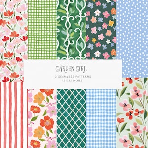 May include: A collection of ten seamless patterns, each 12 x 12 inches, with a "Garden Girl" theme. The patterns include floral, gingham, polka dot, and trellis designs in various colors like pink, green, and blue. The patterns are suitable for various craft projects.
