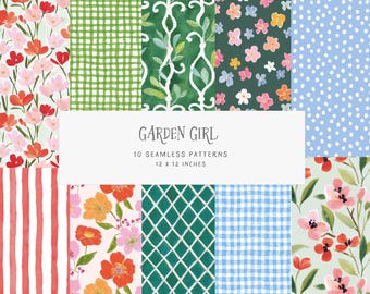 Garden Girl Seamless Patterns Spring Gardening Preppy Floral Backgrounds Digital Papers Commercial Use