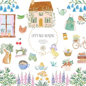 Puede incluir: Ilustración en acuarela con temática de cabaña. Presenta una casa, flores, animales y herramientas de jardinería. Incluye el texto "Cottage Spring" y "Whimsical Watercolor Clipart".