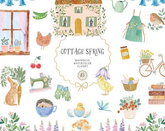 May include: Watercolor illustration with a cottage theme. Features a house, flowers, animals, and gardening tools. Includes text that reads "Cottage Spring" and "Whimsical Watercolor Clipart".