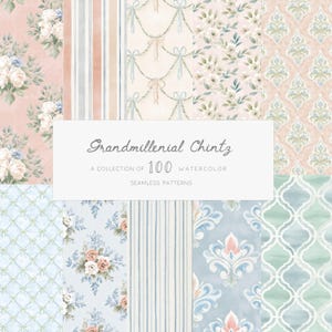 Può includere: Una collezione di 100 motivi senza cuciture ad acquerello. L'immagine mostra vari design, tra cui composizioni floreali, strisce e motivi damascati in morbidi colori pastello come rosa, blu e verde. Il testo "Grandmillenial Chintz" è presente.