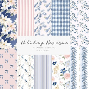 Puede incluir: Una colección de diez patrones sin costuras, cada uno de 30,48 x 30,48 cm, con temática navideña. Los patrones presentan diseños florales, a rayas y a cuadros en tonos azules, rosas y blancos. El texto "Holiday Reverie" se muestra.