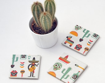 Mexico Inspired Coasters Mexican Illustration Cinco de Mayo Travel Ceramic Tile Coasters