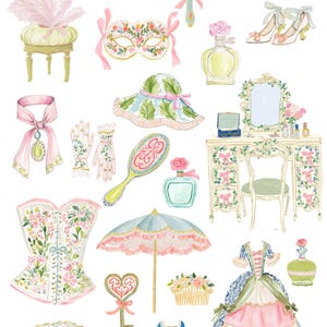 May include: Watercolor illustration of rococo-style fashion accessories. Includes high heels, jewelry, a jewelry box, perfume bottles, a vanity, a corset, a parasol, a fan, and masquerade masks. The text "MADEMOISELLE" is at the top.