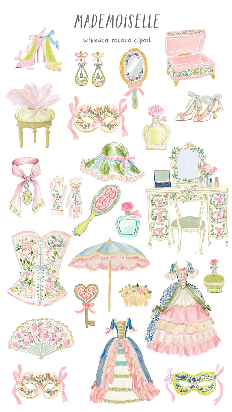 May include: Watercolor illustration of rococo-style fashion accessories. Includes high heels, jewelry, a jewelry box, perfume bottles, a vanity, a corset, a parasol, a fan, and masquerade masks. The text "MADEMOISELLE" is at the top.
