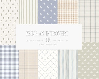 Vintage Wallpaper Watercolor Seamless Patterns, Neutral Cozy Digital Papers Introvert Backgrounds, Gingham Check Botanical Commercial Use