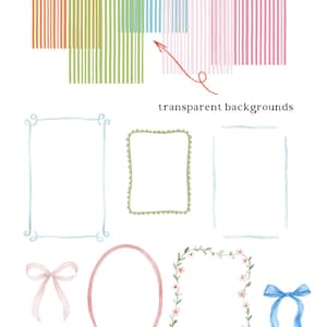 Op de afbeelding: Watercolor clipart set met gestreepte achtergronden in oranje, groen, blauw en roze. Inclusief decoratieve frames, strikken in verschillende kleuren en de tekst "A Preppy Happy Hour". Transparante achtergronden.
