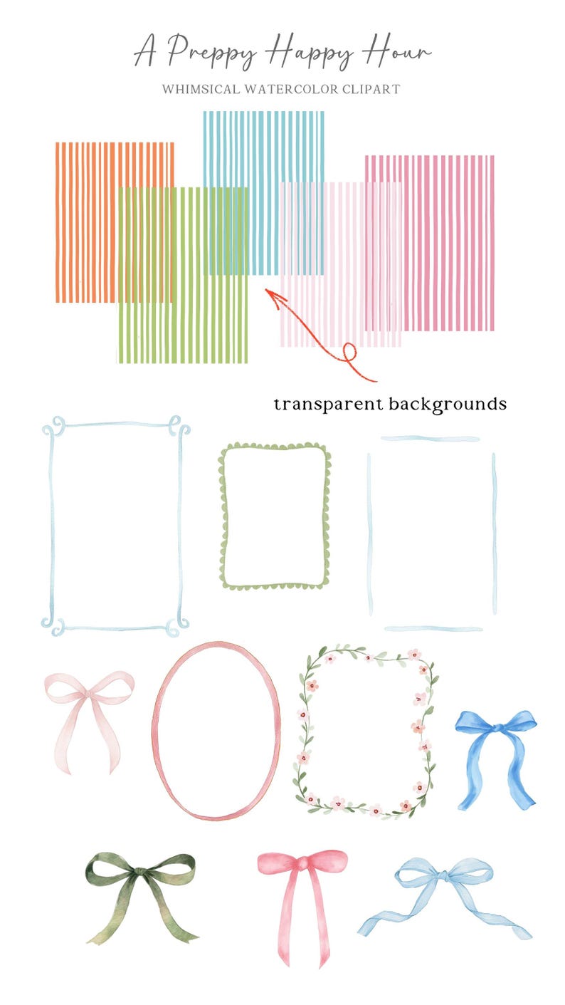 Op de afbeelding: Watercolor clipart set met gestreepte achtergronden in oranje, groen, blauw en roze. Inclusief decoratieve frames, strikken in verschillende kleuren en de tekst "A Preppy Happy Hour". Transparante achtergronden.