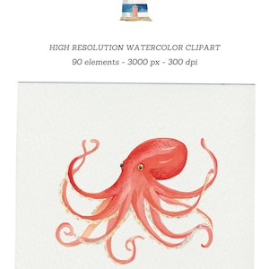 May include: Watercolor clipart featuring a red octopus with curled tentacles and a lighthouse with blue and white stripes. The lighthouse has a red roof and sits on a brown base. Text reads: HIGH RESOLUTION WATERCOLOR CLIPART.