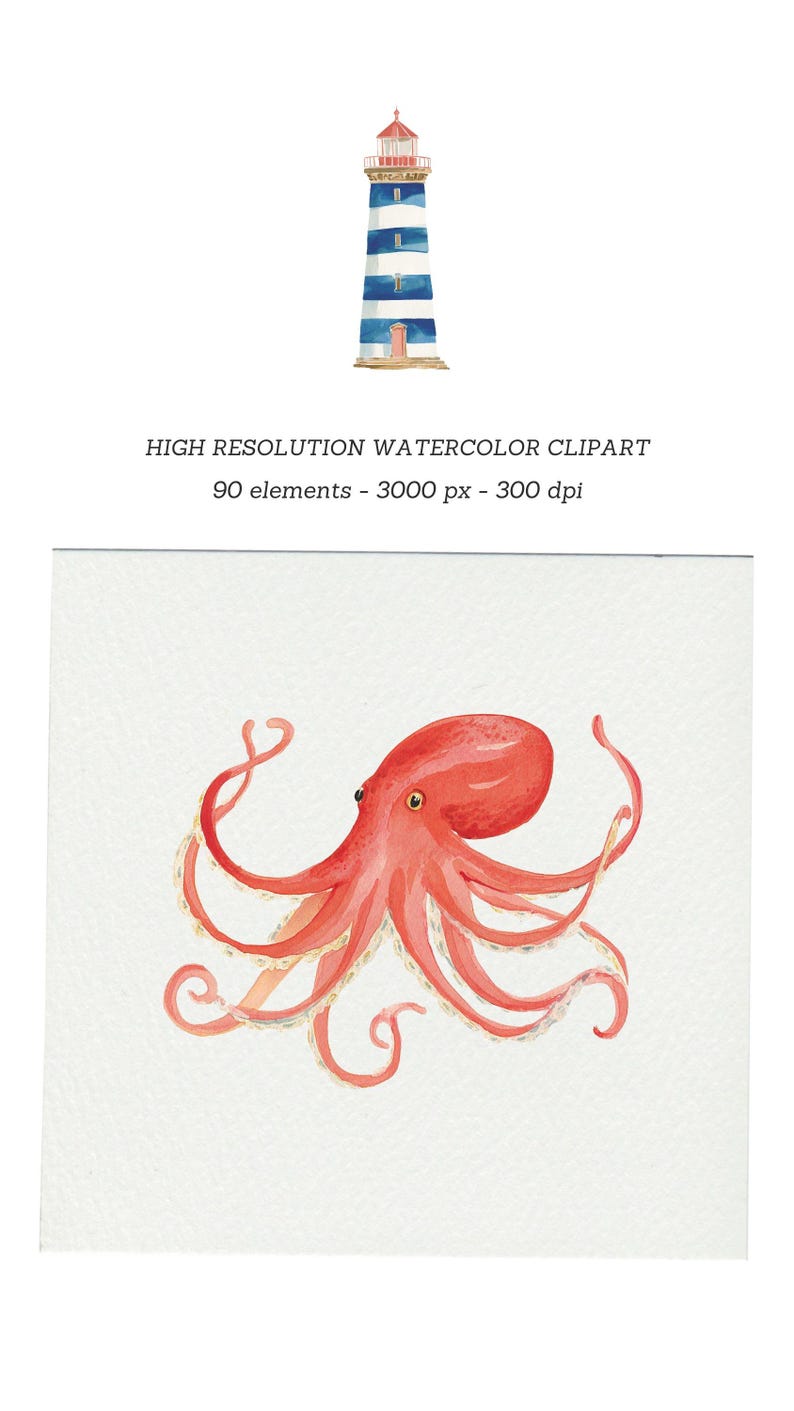 May include: Watercolor clipart featuring a red octopus with curled tentacles and a lighthouse with blue and white stripes. The lighthouse has a red roof and sits on a brown base. Text reads: HIGH RESOLUTION WATERCOLOR CLIPART.