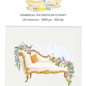 May include: Watercolor illustration featuring a bouquet of pink and peach roses, two teacups with saucers, and a chaise lounge. The teacups and lounge have gold accents. The image includes the text "WHIMSICAL WATERCOLOR CLIPART".