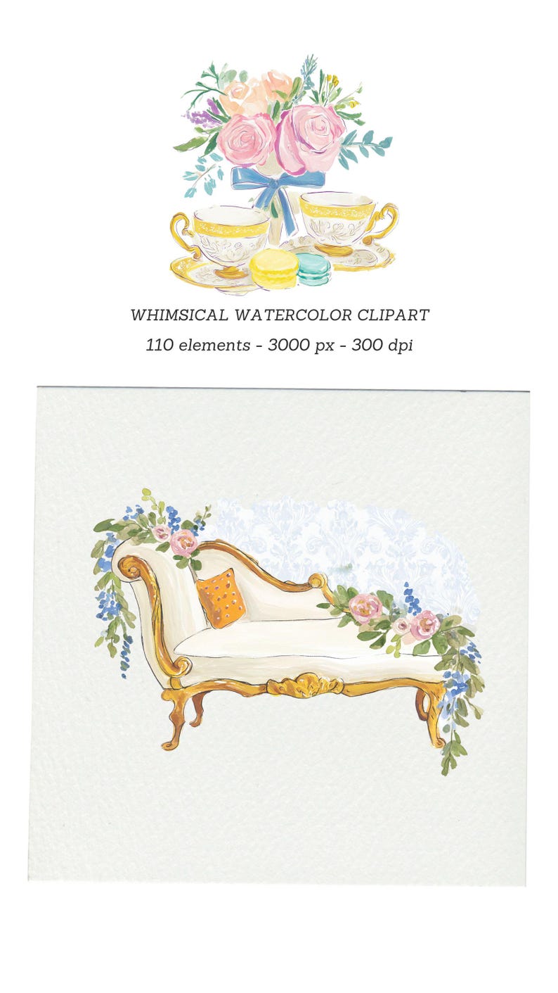 May include: Watercolor illustration featuring a bouquet of pink and peach roses, two teacups with saucers, and a chaise lounge. The teacups and lounge have gold accents. The image includes the text "WHIMSICAL WATERCOLOR CLIPART".