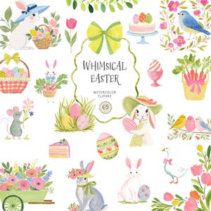 Puede incluir: Conjunto de imágenes prediseñadas de acuarela con temática de Pascua. La imagen presenta conejos, huevos, flores, pájaros y un pastel. El texto "Whimsical Easter" se muestra. La paleta de colores incluye pasteles como el rosa, el azul y el amarillo.