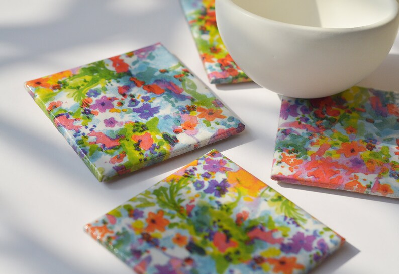 Watercolor Flowers Ceramic Coasters Tile Drink Coasters Etsy
