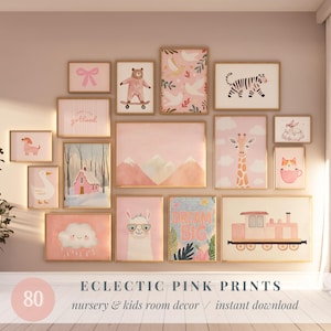 80 Pink Wall Art Prints Bundle Girl Nursery Kids Room Playroom Eclectic Wall Gallery Decor Baby Animal Posters Digital Instant Download