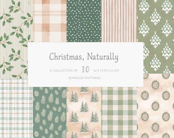 Botanical Christmas Seamless Patterns Watercolor Cottage Scandinavian Nordic Holidays Scrapbook Paper Digital Download Commercial License