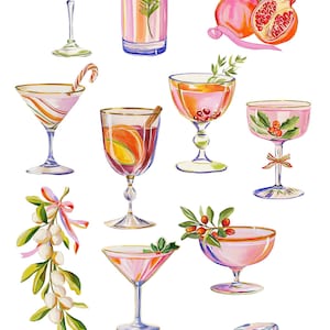 Op de afbeelding: Een verzameling aquarelillustraties getiteld HOLIDAY CHEERS met diverse cocktails in glazen op voet en tumblers, gegarneerd met rozemarijn, kaneel, granaatappel en hulst, samen met ijsblokjes en witte bessen.