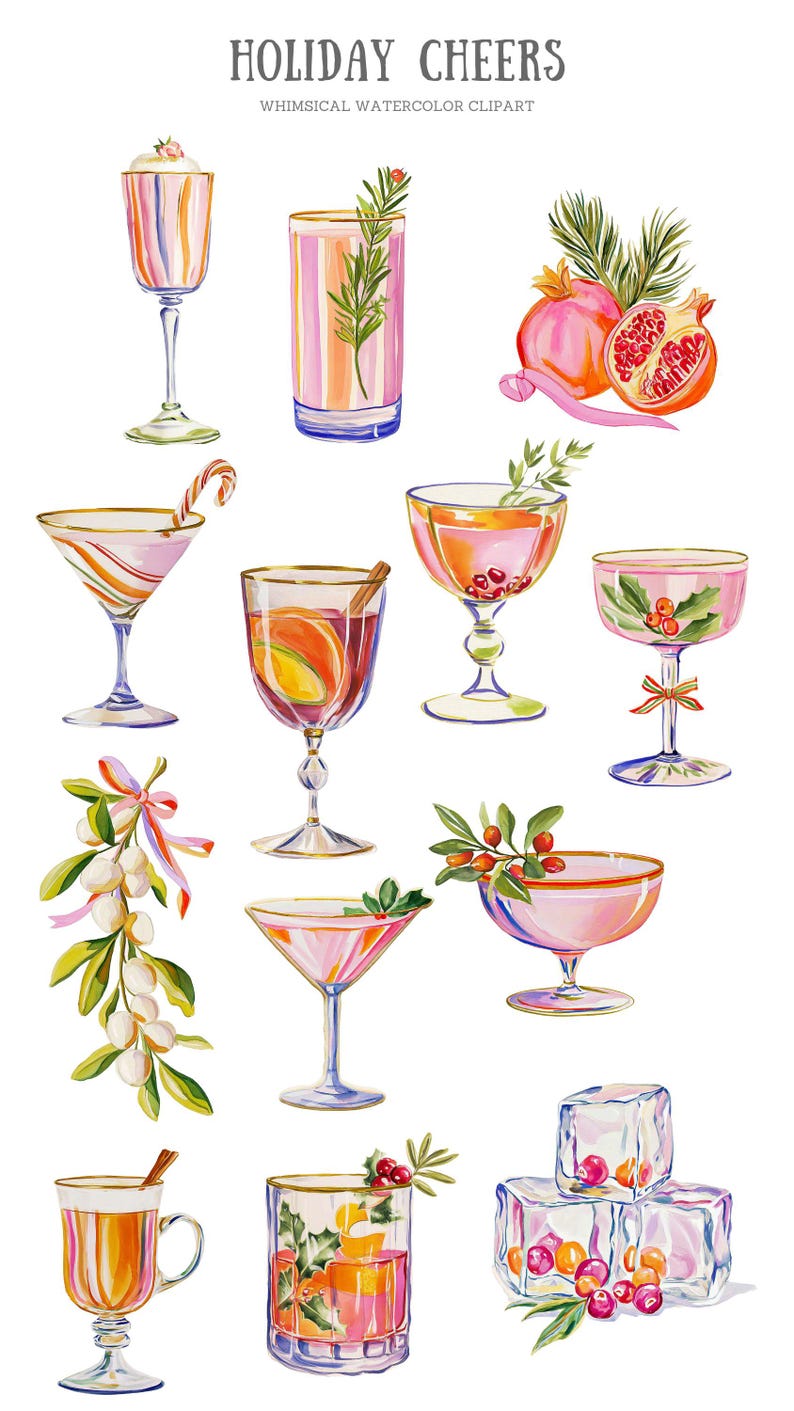 Op de afbeelding: Een verzameling aquarelillustraties getiteld HOLIDAY CHEERS met diverse cocktails in glazen op voet en tumblers, gegarneerd met rozemarijn, kaneel, granaatappel en hulst, samen met ijsblokjes en witte bessen.