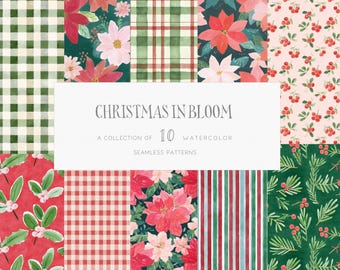 Floral Christmas Seamless Patterns Watercolor Botanical Preppy Holidays Digital Scrapbook Paper Digital Download Commercial License