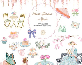 Puede incluir: Conjunto de imágenes prediseñadas de acuarela con temática de jardín, que incluye una mesa, una mujer leyendo, un perro y elementos florales. El texto dice "Blush Garden Affair" y "whimsical watercolor clipart". La paleta de colores incluye rosa, azul y verde.