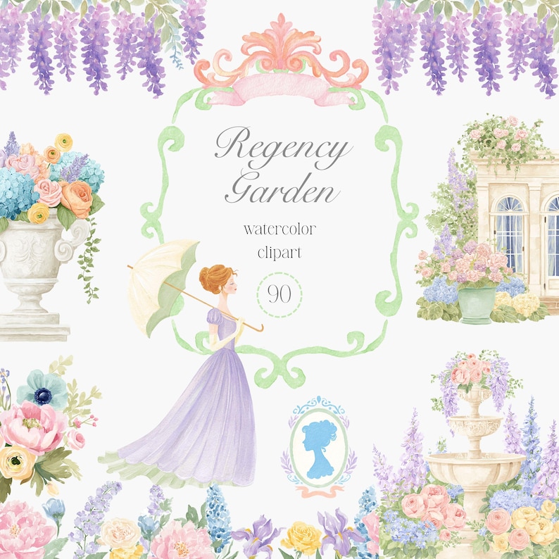 Regency Era Wedding Watercolor Floral Clipart Pastel Flower ...