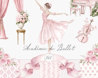 Ballet Clipart, Pink Ballerinas Vintage Balletcore Dancers Patterns Watercolor Collection Commercial Use PNG