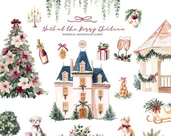 Preppy Christmas Clipart, Watercolor French Chateau Burgundy Whimsical Holiday Graphics Chateaucore (PNG, Commercial Use)