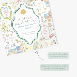 May include: A bundle of Italian-themed digital art elements. The cover features the text "La Dolce Vita MEGA BUNDLE" with illustrations of lemons, food, and coastal scenes. Includes 500 clipart elements and 40 seamless patterns.