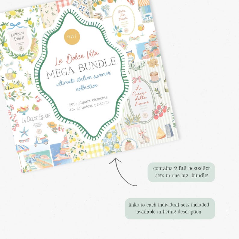 May include: A bundle of Italian-themed digital art elements. The cover features the text "La Dolce Vita MEGA BUNDLE" with illustrations of lemons, food, and coastal scenes. Includes 500 clipart elements and 40 seamless patterns.
