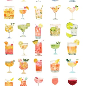 Op de afbeelding: Waterverfillustratie van diverse cocktails en drankjes, waaronder martini's en wijn, met garnering zoals kersen en citroenen. De tekst bovenaan luidt "A Preppy Happy Hour" en "Whimsical Watercolor Clipart".