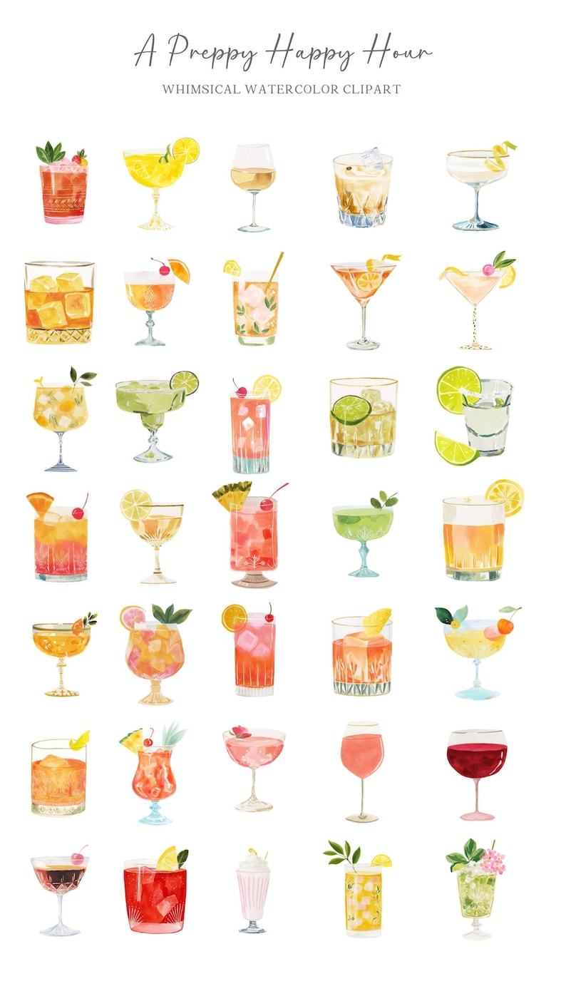 Op de afbeelding: Waterverfillustratie van diverse cocktails en drankjes, waaronder martini's en wijn, met garnering zoals kersen en citroenen. De tekst bovenaan luidt "A Preppy Happy Hour" en "Whimsical Watercolor Clipart".
