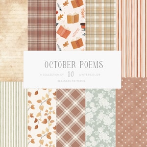 May include: A collection of 10 watercolor seamless patterns with an autumn theme. The patterns include plaid, stripes, floral, and leaf designs in shades of brown, beige, and green. The text "October Poems" is displayed in the center.