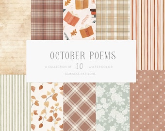 Vintage Academia Seamless Patterns Poetcore Book Lover Backgrounds Fall Autumn Plaid Digital Paper